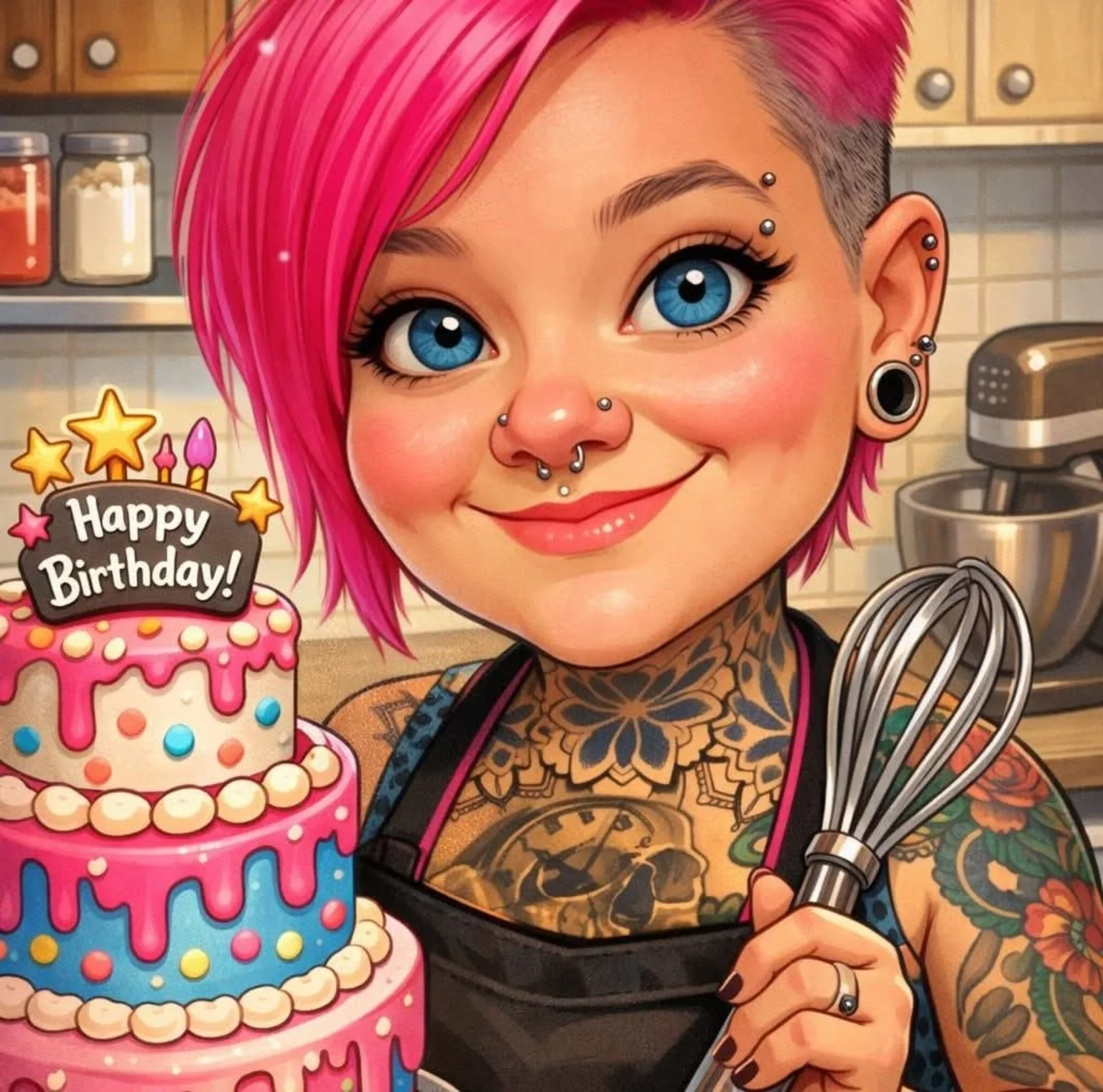 Alanah’s Brown’s Bakes caricature holding a whisk beside a celebration cake