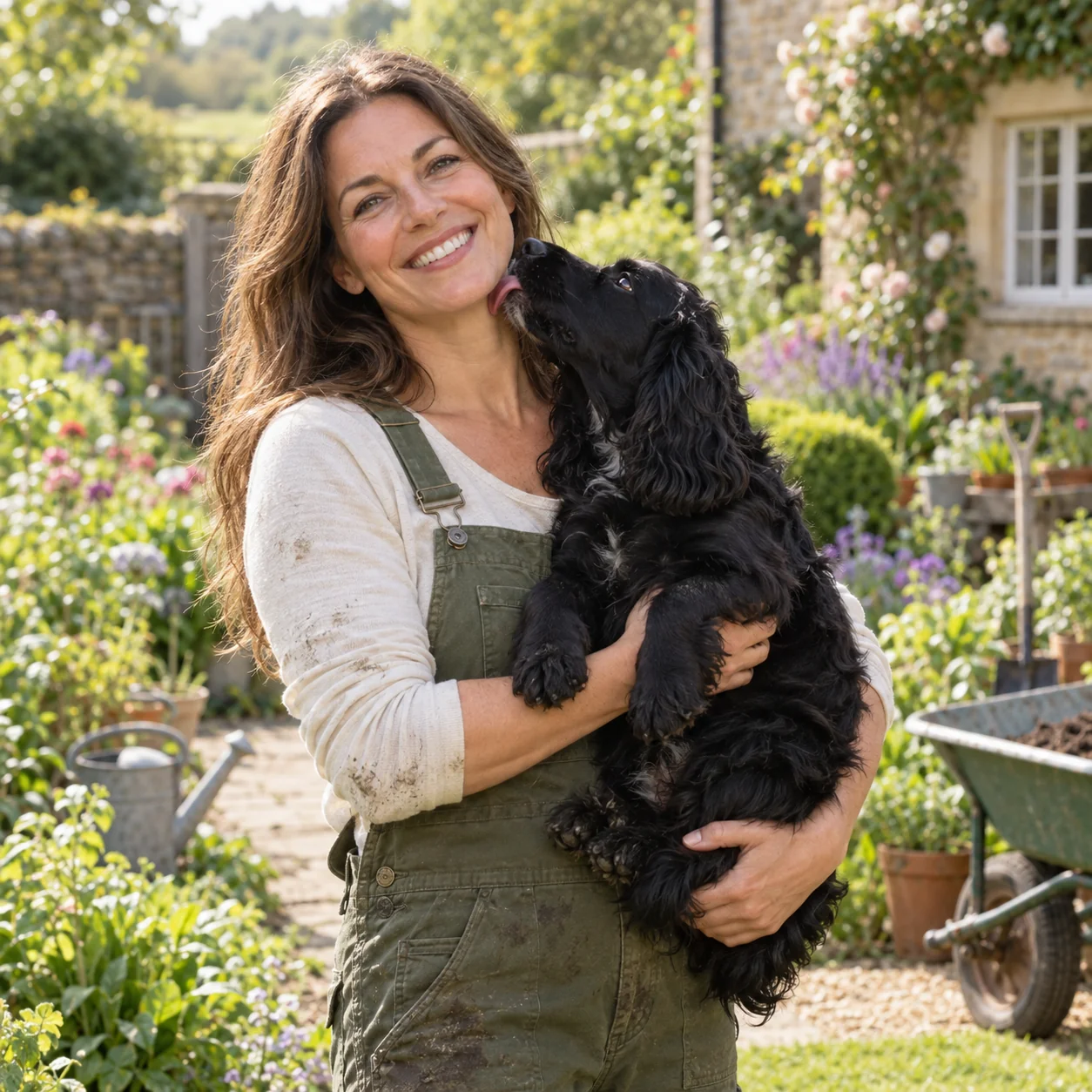 Mel enjoying a colourful garden with her playful cocker spaniel